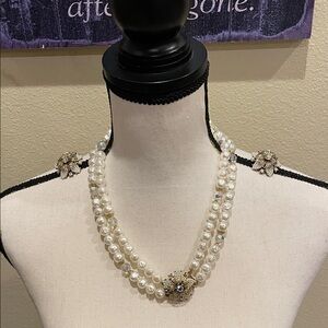 Vintage Selini Faux Pearl Rhinestone Double Strand Necklace & Earrings Set